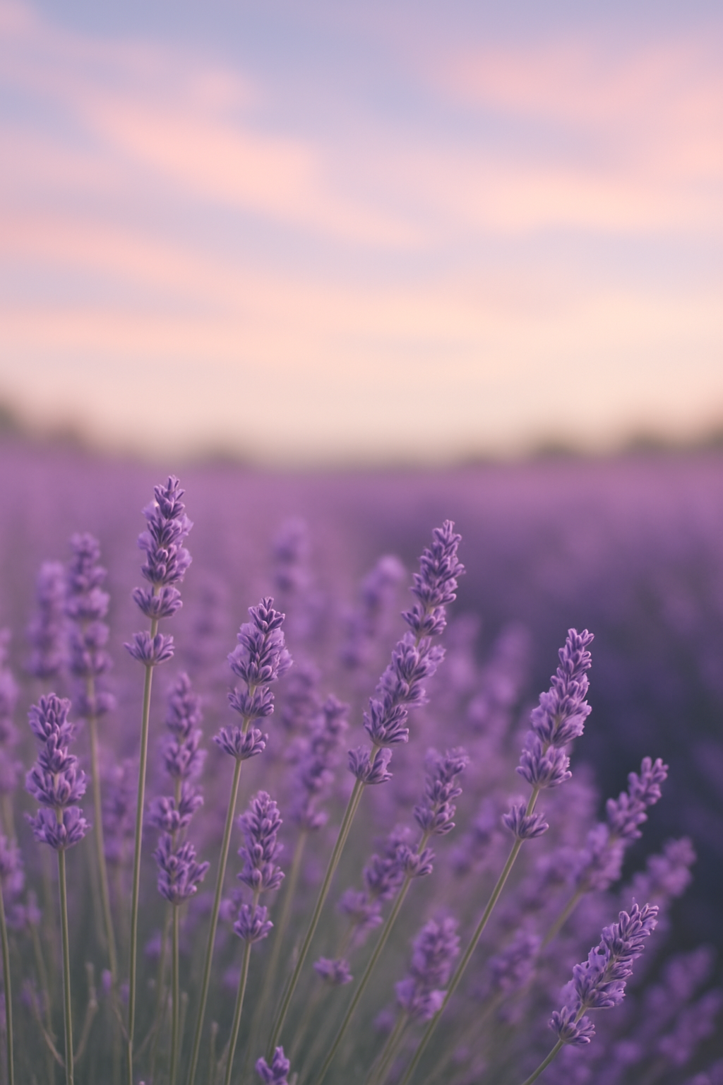 A close-up view of lavender flowers with a blurred background of a lavender field and a soft pastel sky.